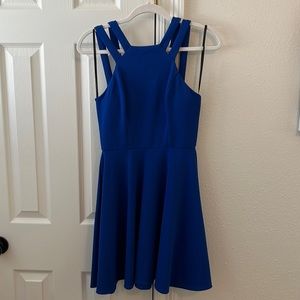 Blue High Neck Double Strap Fit-And-Flare Dress